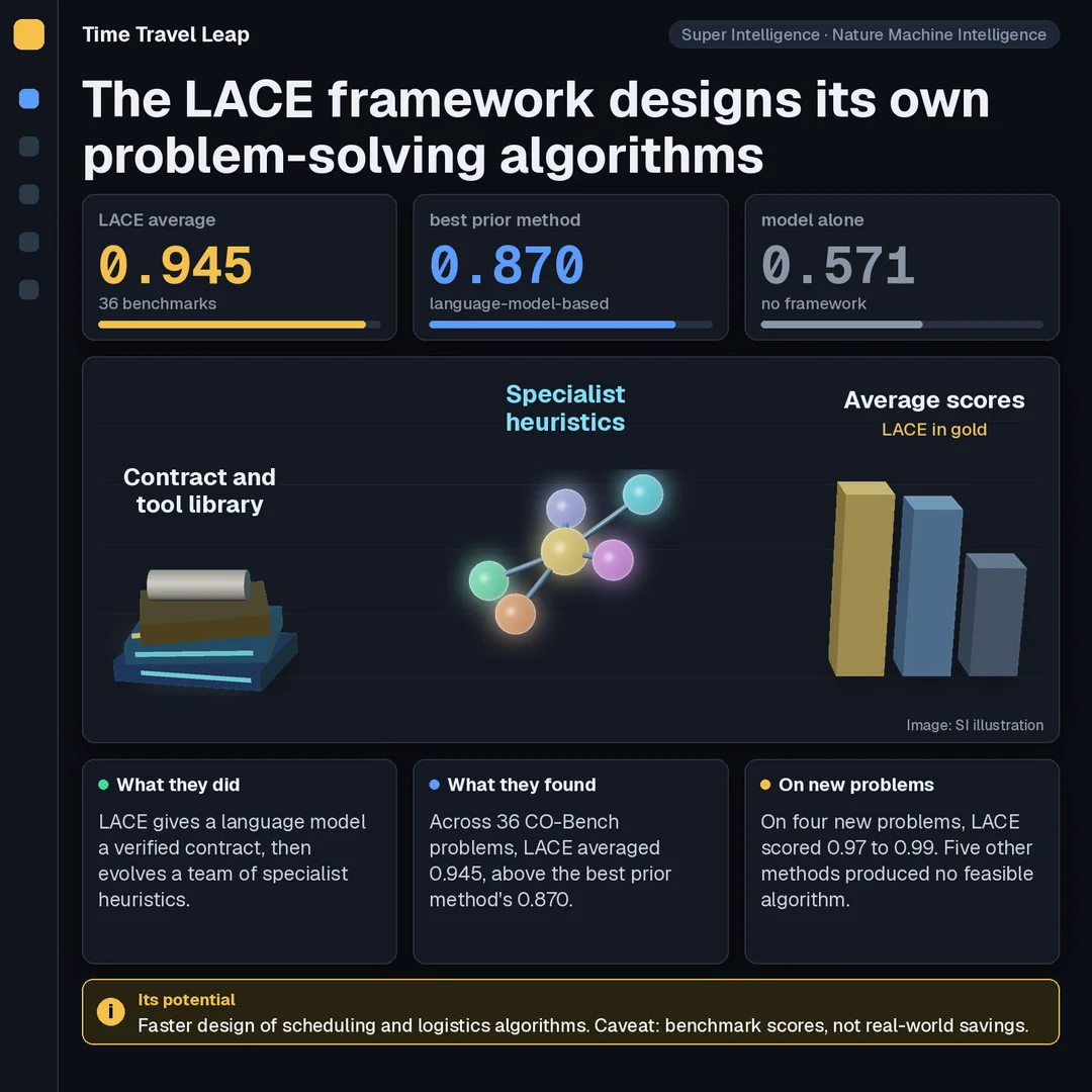 Infographic: a stack of books with a scroll labeled contract and tool library, five glowing spheres linked to a gold center labeled specialist heuristics and a 3D bar chart of average scores with LACE in gold. Panels explain that LACE gives a language model a verified contract and evolves specialist heuristics, that it averaged 0.945 across 36 CO-Bench problems against 0.870 for the best prior method and that it scored 0.97 to 0.99 on four new problems where five other methods produced no feasible algorithm. Cards: 0.945 LACE average, 0.870 best prior method, 0.571 language model alone. Banner: benchmark scores, not real-world savings. Source: Nature Machine Intelligence, Oct. 1, 2026.