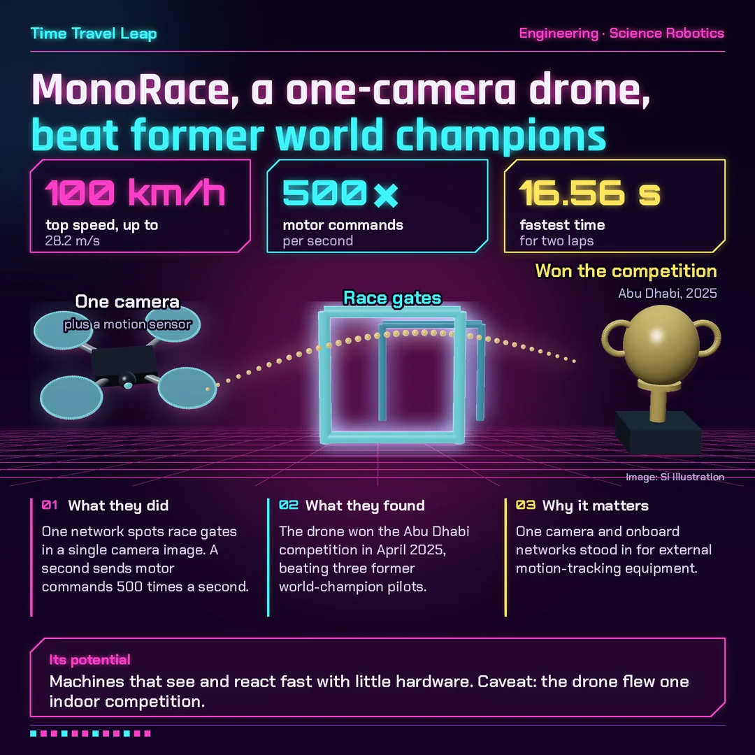 Infographic: a quadcopter drone with one camera, a glowing race gate with a gold flight path and a gold trophy labeled won the competition, Abu Dhabi 2025. Panels explain that one network spots gates in a single camera image while a second sends motor commands 500 times a second, and that the drone beat three former world-champion pilots. Cards: top speed up to 100 kilometers per hour (28.2 meters per second), 500 motor commands per second, fastest time 16.56 seconds for two laps. Banner: the drone flew one indoor competition. Source: Science Robotics, Oct. 14, 2026.