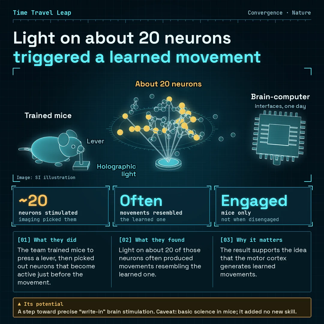 Infographic: a holographic mouse beside a lever, a cluster of neurons in which a holographic light source beams onto about 20 glowing gold ones and a circuit chip labeled brain-computer interfaces, one day. Panels explain that the team trained mice to press a lever, that light on about 20 neurons often produced movements resembling the learned one and that the result supports the idea that the motor cortex generates learned movements. Cards: about 20 neurons stimulated, movements often resembled the learned one, engaged mice only, not when disengaged. Banner: basic science in mice; it added no new skill. Source: Nature, Oct. 14, 2026.