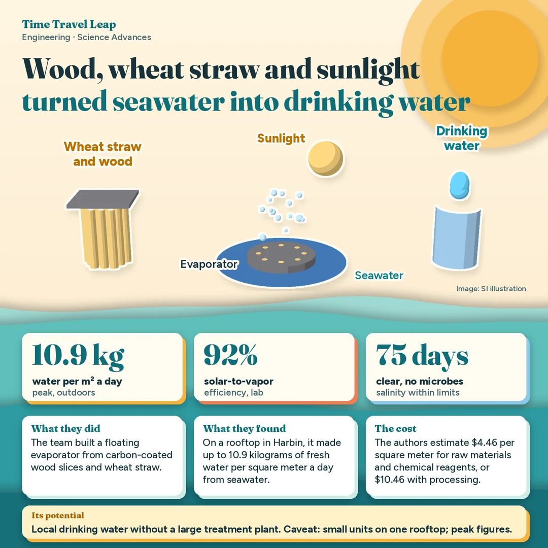 Infographic: a bundle of wheat straws topped with a dark wood slice, a dark evaporator floating on seawater under the sun with rising vapor and a glass of drinking water. Panels explain that the team built a floating evaporator from carbon-coated wood slices and wheat straw, that it made up to 10.9 kilograms of fresh water per square meter a day from seawater on a Harbin rooftop and that the authors estimate $4.46 per square meter for raw materials and chemical reagents, or $10.46 with processing. Cards: 10.9 kilograms per square meter a day at peak, 92 percent solar-to-vapor efficiency in the lab, 75 days of clear water free of microbes with salinity within limits. Banner: small units on one rooftop; peak figures. Source: Science Advances, Oct. 14, 2026.